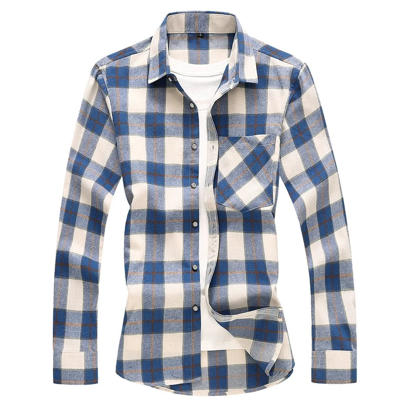 2026 New Men's Long Sleeved Plaid Shirt, with Two Chest Pockets Single Breasted Lapel Cotton Shirts Big Size Male Top Chemise