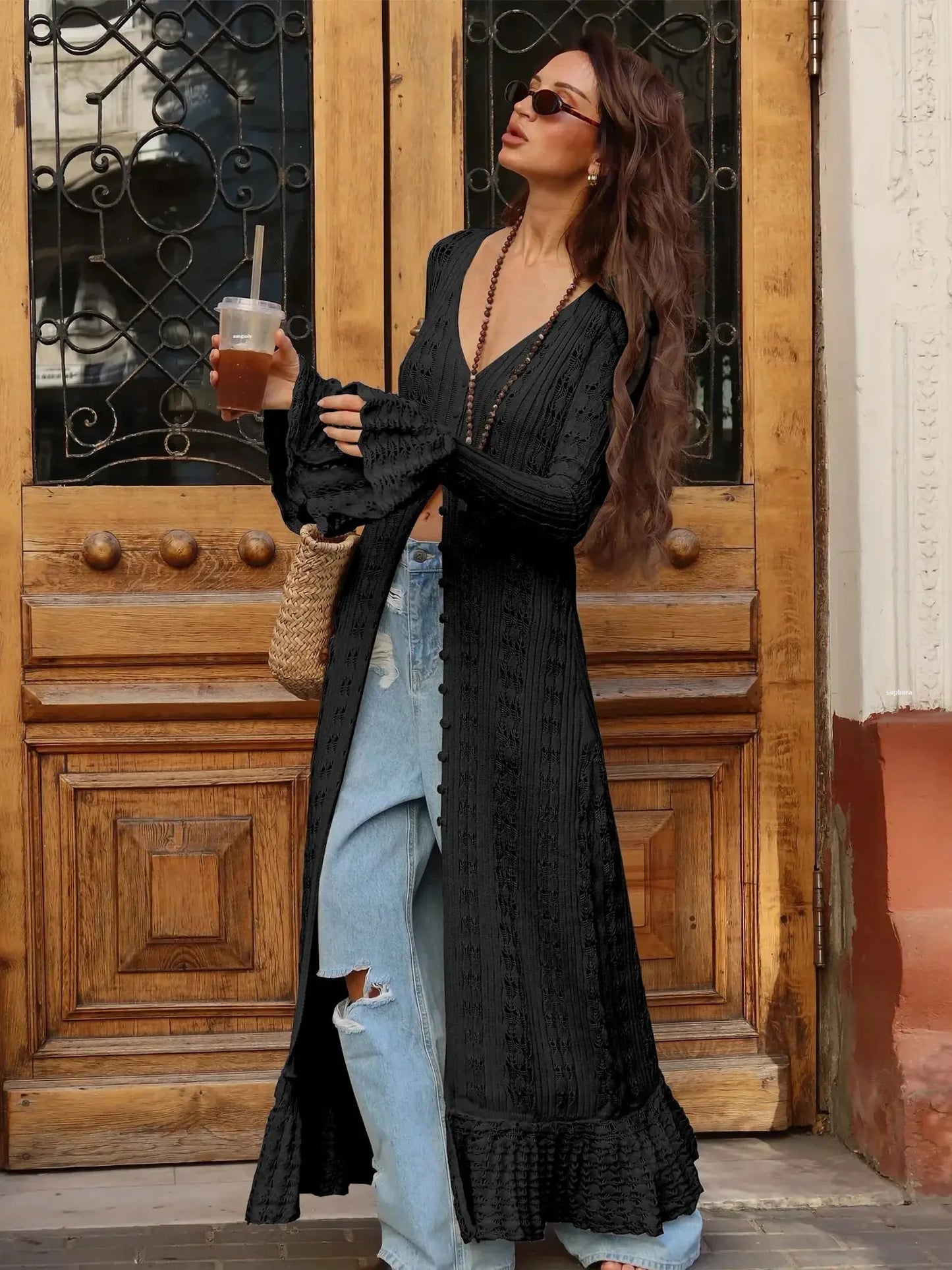 Hollow Breasted Sweater Long Dress Women Summer Party Dresses Cover Up Elegant Slim Split Maxi Vestidos Holiday Beach Robe