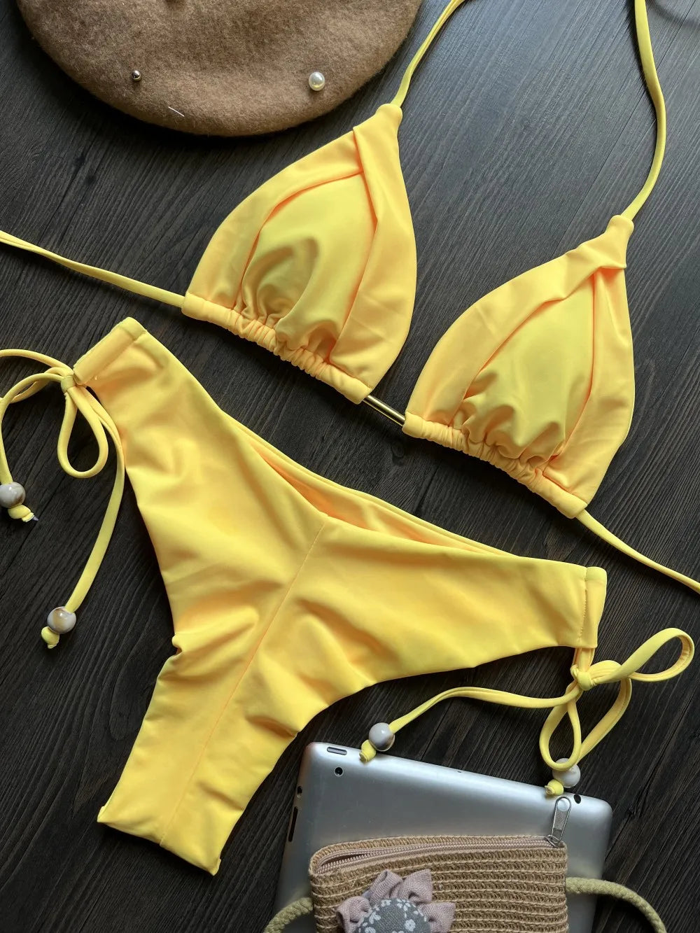 Sexy Halter Bandage Bikini Set Drawstring Beeds Patchwork Women Swimsuit Two-piece Triangle Thong Swimwear Bathing Suit Biquini