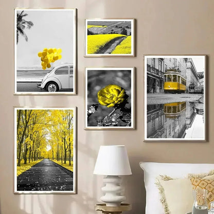Black and White Europe Landscape Picture Home Decor Nordic Canvas Painting Wall Art Yellow Scenery Posters for Living Room Decor