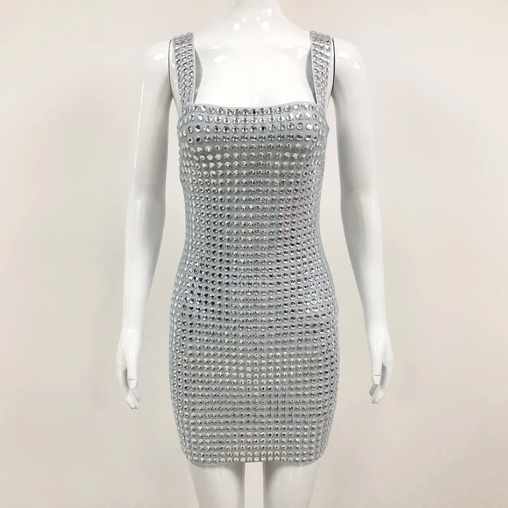 VC 2024 Summer New Women's Sexy Sleeveless Diamond Lace Up Mini Dress Shiny Crystals Bodycon Celebrity Club Party Cocktail Dress