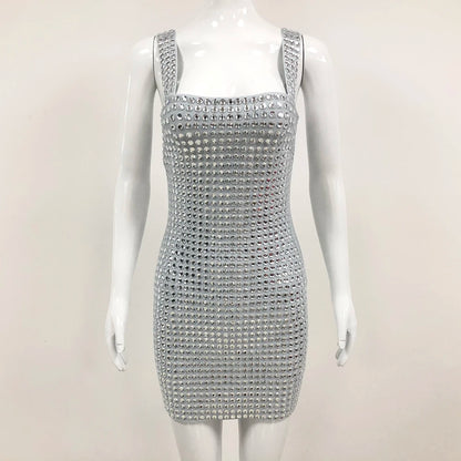 VC 2024 Summer New Women's Sexy Sleeveless Diamond Lace Up Mini Dress Shiny Crystals Bodycon Celebrity Club Party Cocktail Dress