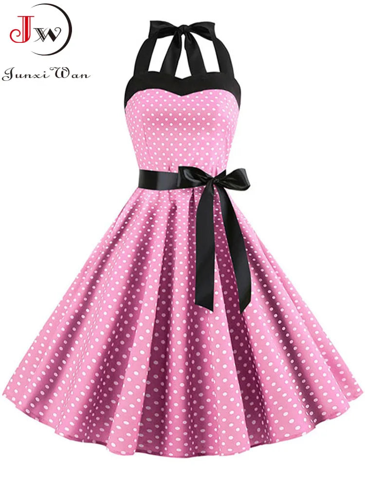 Women Summer Polka Dot Vintage Dress Fashion Party Office Lady 50s 60s Rockabilly Big Swing Halter Clothes Tunic Vestidos