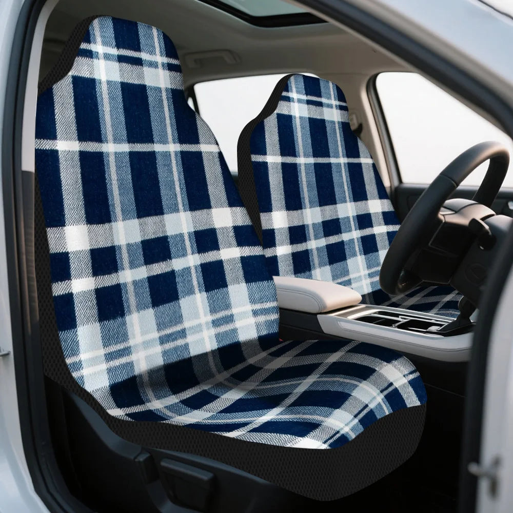 Set Of 2 Universal Car Seat Covers In Blue And White Plaid Design Suitable For Most Vehicles – Fashionable, Long-Lasting, Premiu