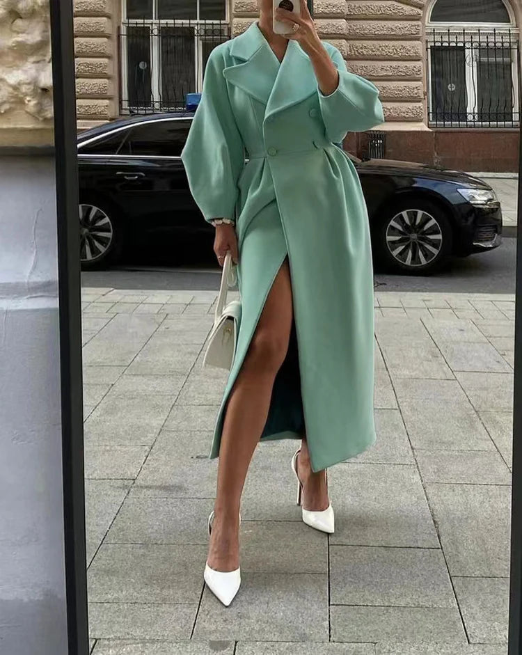 Elegant Solid Woolen Blend Overcoat Women Fashion Thick Lapel Double-Breasted Long Sleeve Jacket 2025 Spring Autumn Lady Outwear