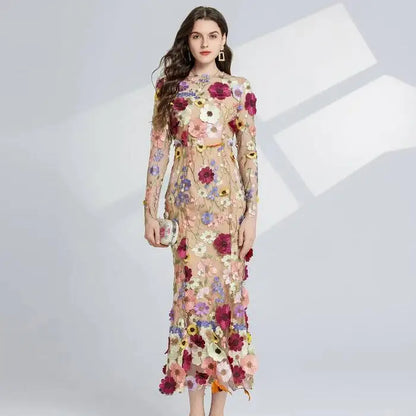 Designer Summer Autumn Flower Embroidery Lace Prom Evening Dress Women Mesh Tulle Bodycon Pencil Long Sleeve Midi Dresses Party