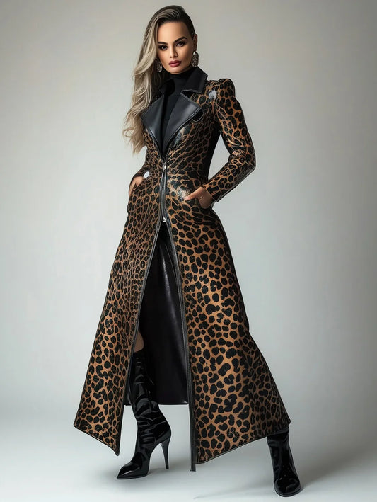 High Quality PU Leather Leopard Pattern Zipper Pocket Trench Coat for Women Fashion Extra Long Skirted Elegant Overcoat S-3XL