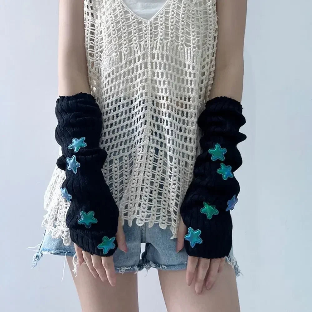 Punk Solid Color Star Knitted Gloves Y2k Gothic Wool Sleeve Cuff Long Hand Sleeve Arm Warmers Winter