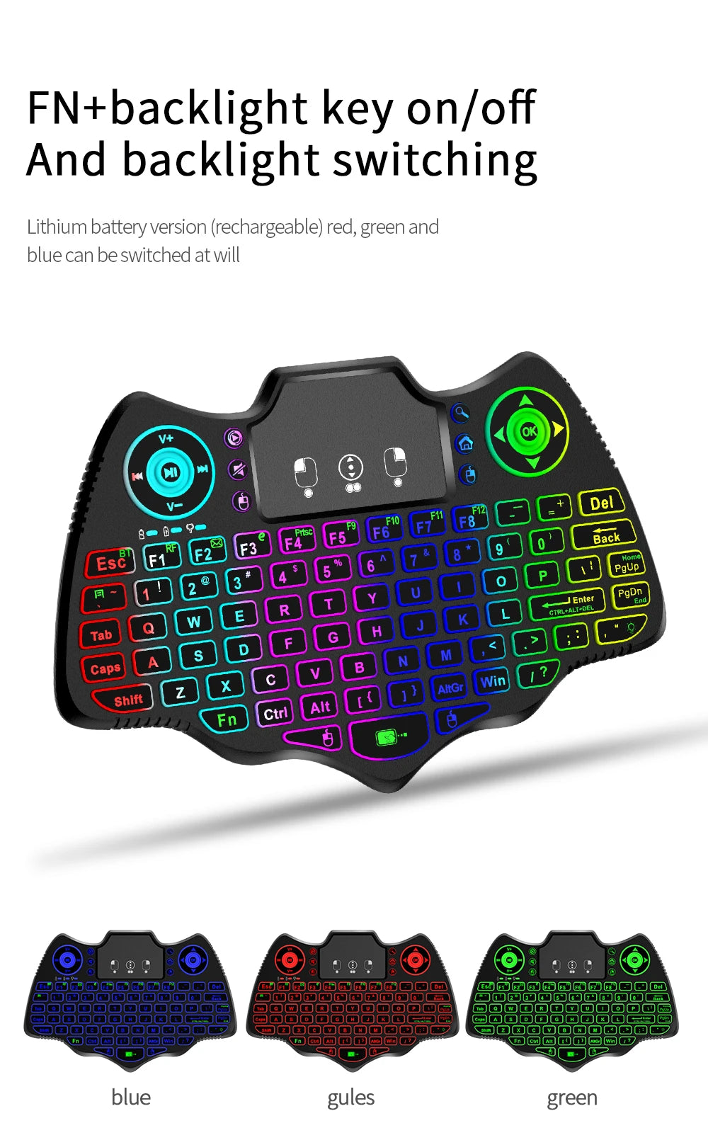 MRSVI V18 Mini-Funktastatur 2,4 GHz BT Touch 7-farbige Hintergrundbeleuchtung Französisch Spanisch Russisch Air Mouse Tastatur Geschenk für Android TV Box