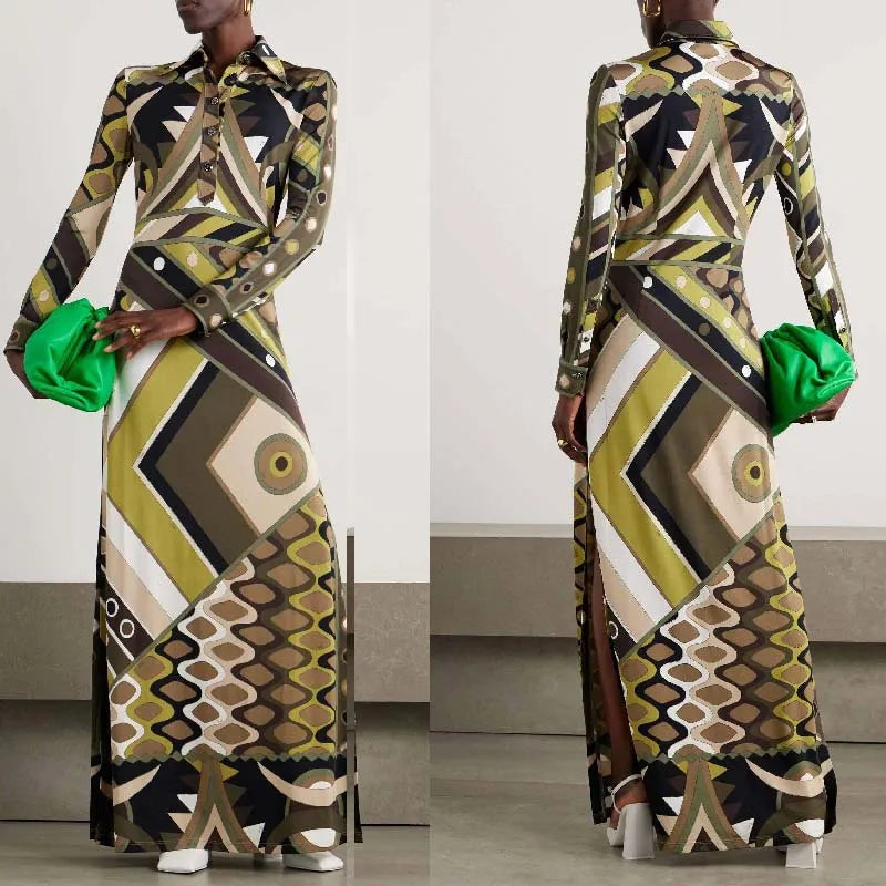 Summer 2025 Fashion Printed Tribal Style Dress With A Collar, Long Sleeves, Slit, And Body-hugging Design For Women.