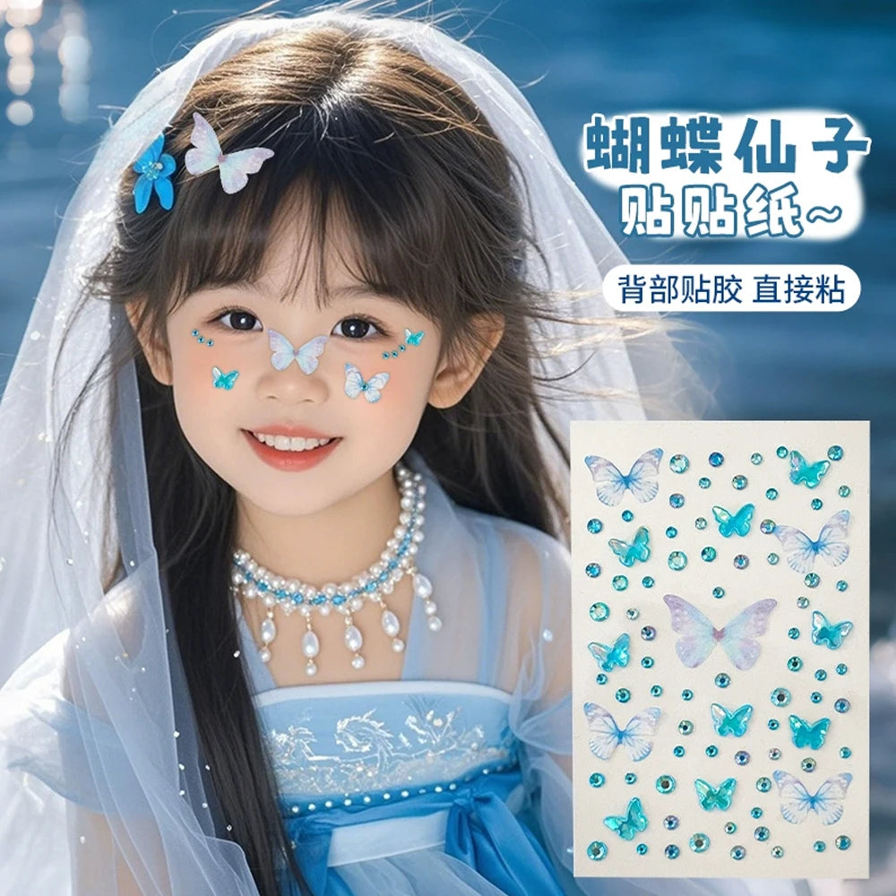 1/3/5 Sheets Kawaii Children's Butterfly Face Stickers Self-adhesive Pink/Green Elf Rhinestone Resin Butterfly Decals For Makeup