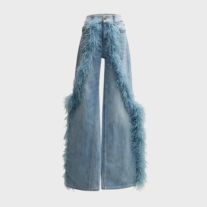 Feather Women's Pants Wide Leg Long Denim Loose High Waist Regular Casual Female Jeans Loose Spring Woman Baggy Basic Trousers