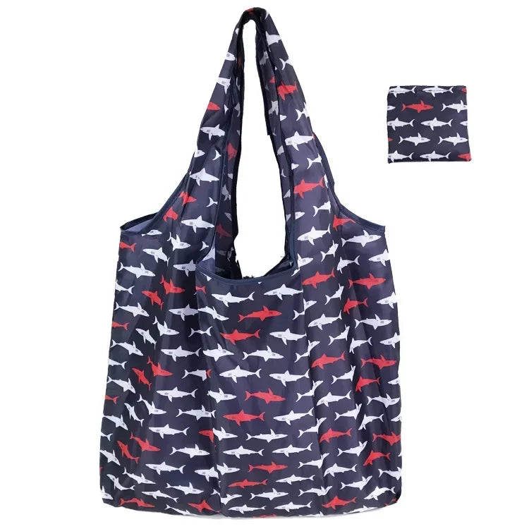 Reusable Shopping Bag Women Cute Fish Cart Flower Print  Nylon Foldable Grocery Bag Creative Eco-Friendly Tote Bag Lightweight
