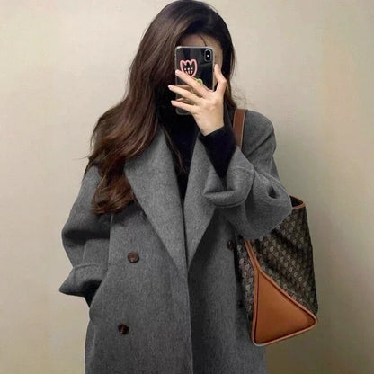 Grey Double-sided Cashmere Coat Women's 2025 Winter New Korean version Loose Thick Down Woolen Coats Solid Casual Long Overcoat
