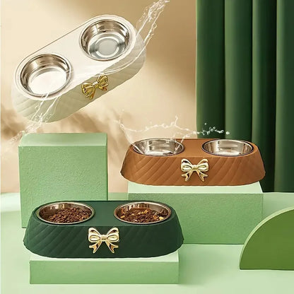 1PC Pet Pet Dog and Cat Food Bowls Bowtie Dog Food Drinking Double Bowl Pet Supplies