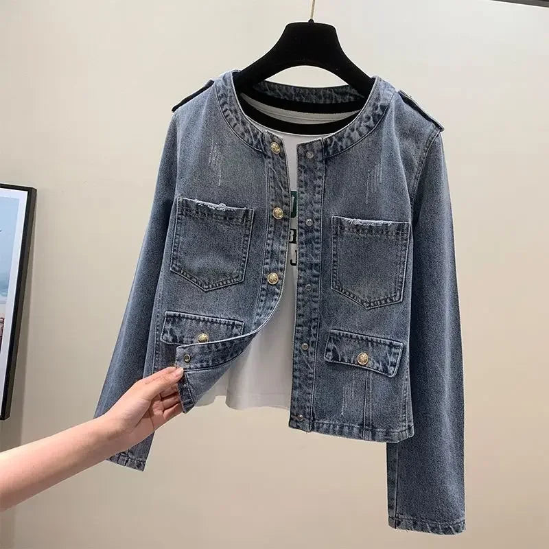 Crew Neck Denim Jacket Long Sleeve Women Single-breasted Retro Korean Fashion Coat Autumn Short Tops Casual Chic Cardigan