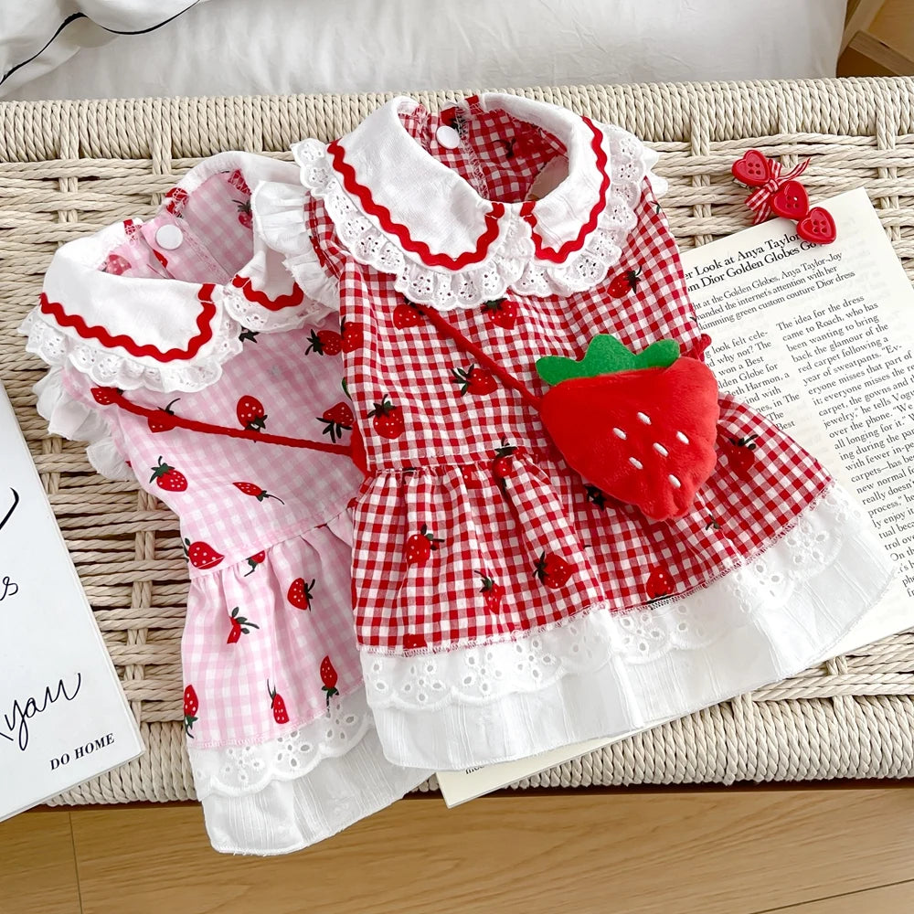 2025 New Puppy Clothes Dog Dress Plaid Maid Pet Costumes Red Pink Cat Strap Girl Female Pet Skirt Lace Summer Spring Puppy Wear