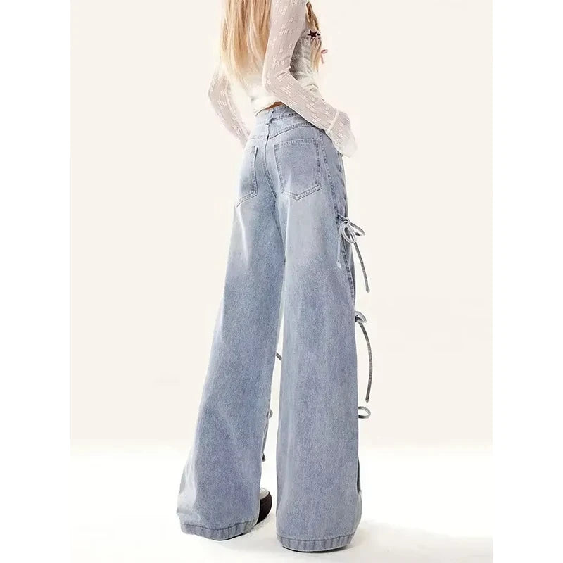 MEXZT Y2K 2000S Jeans Women Vintage Streetwear Bow Bandage Wide Leg Denim Pants Harajuku Korean Baggy Casual Straight Trousers