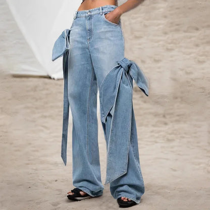 Jeans Women Denim Wide Leg Pants Floor Length Pant Bow High Waist Loose Casual Elegant Straight Trousers Y2k Mom Streetwear