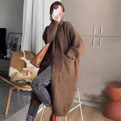 Solid Loose High Neck Women Mid Length Sweater Coat Spring Autumn Korean Single Breasted Casual Long Sleeve Knit Cardigan 6762#