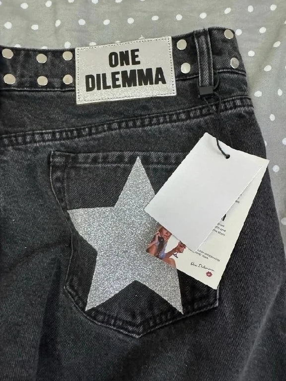 American ONE DILEMMA Jeans Y2K Womens Gothic Five Pointed Star Sequined Rivet Baggy Jeans Fashion Casual Mid Rise Slim Trousers