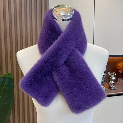 Plush Cross Women's Scarf Winter Thickened Soft Furry Neck Warmer Cute Solid Color Faux Rabbit Fur Scarf Women Collar Scarf New