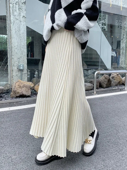 Autumn Winter Women's Long Skirt High Waist Knitted A-line Pleated Skirt Ladies Elegant Solid Gray Loose Casual Skirts for Women