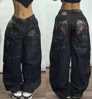 Europe and The United States Diablo Cropped Jeans Women New High Street in Summer To Do Old Creases Patch Wide Leg Pants Unisex