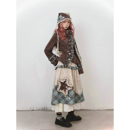 Autumn/Winter Retro Plaid Long Skirt Wandering Style High Waist Slimming Spliced A-line Loose Casual Vintage Skirt for Women