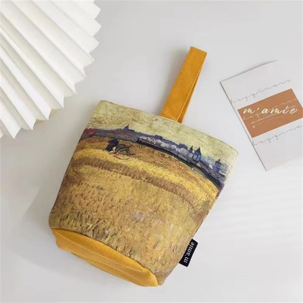 Van Gogh Oil Painting Bucket Bag Literary Portable Handbag Cup Bag Vintage Tote Canvas Bag for Girls