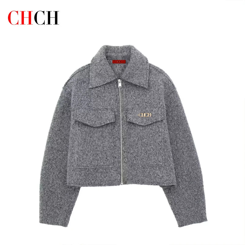Women Cropped Jacket Elegant Lapel Autumn Long Sleeve Solid Pocket Jackets Fashion Street Office Lady Zipper Casual Coats