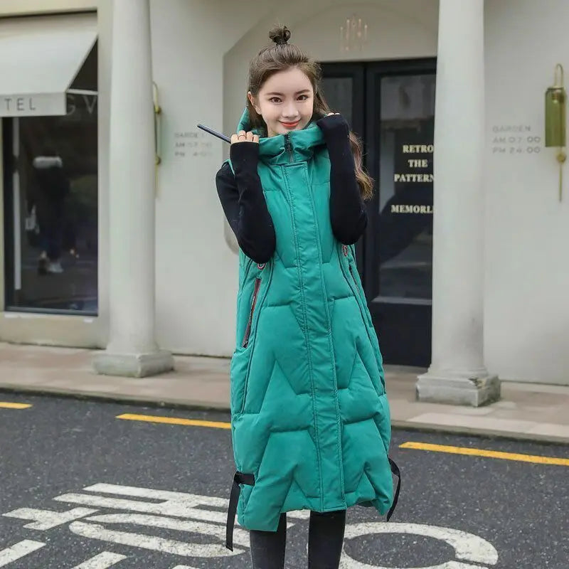 2025 Oversized Cotton Vests Sleeveless Coat Women Autumn Winter Hooded Waistcoat Puffer Parkas Long Warm Down Cotton Outwear