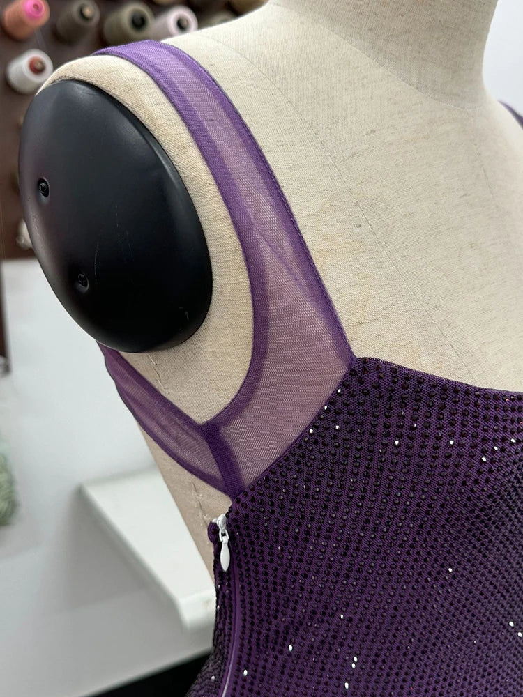 DEAT Fashion Rhinestone Purple Spaghetti Strap Evening Dress Women's Slim Backless Ankle-length Dresses New 7A2294