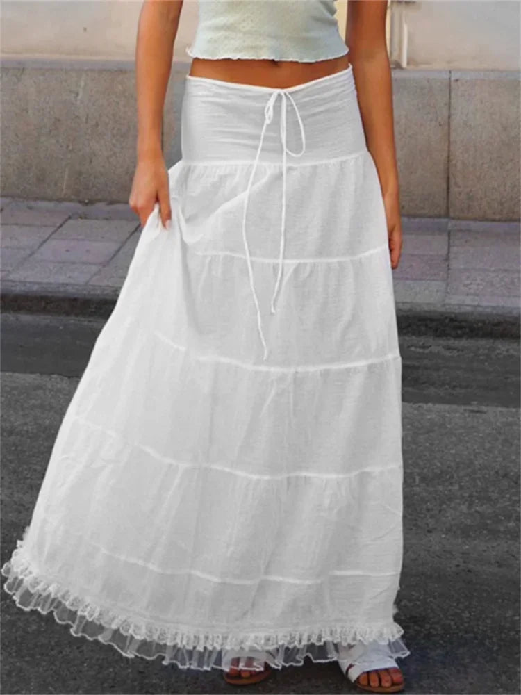 Women Long Skirts Tie-Up High Waist Layered Lace Hem Pleated Skirts Summer Fall Retro Fashion Casual Skirts