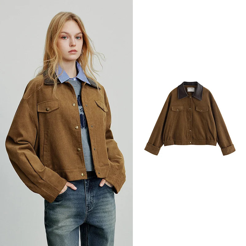 TOYOUTH Women Jacket 2025 Autumn New Collection Lulu style Retro Corduroy Splicing Collar Loose Short Coat