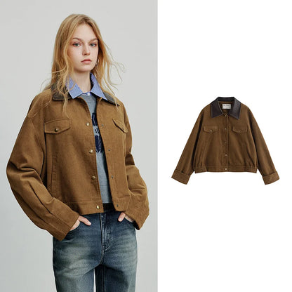 TOYOUTH Women Jacket 2025 Autumn New Collection Lulu style Retro Corduroy Splicing Collar Loose Short Coat