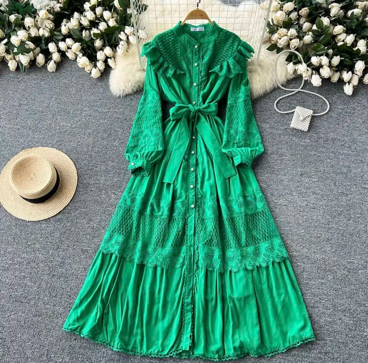 LGRQ For Women's Lace-up Single Breasted Lace Dress Fashion Hollow Out Bead Button Round Neck Dresses 2025 Autumn New Clothing