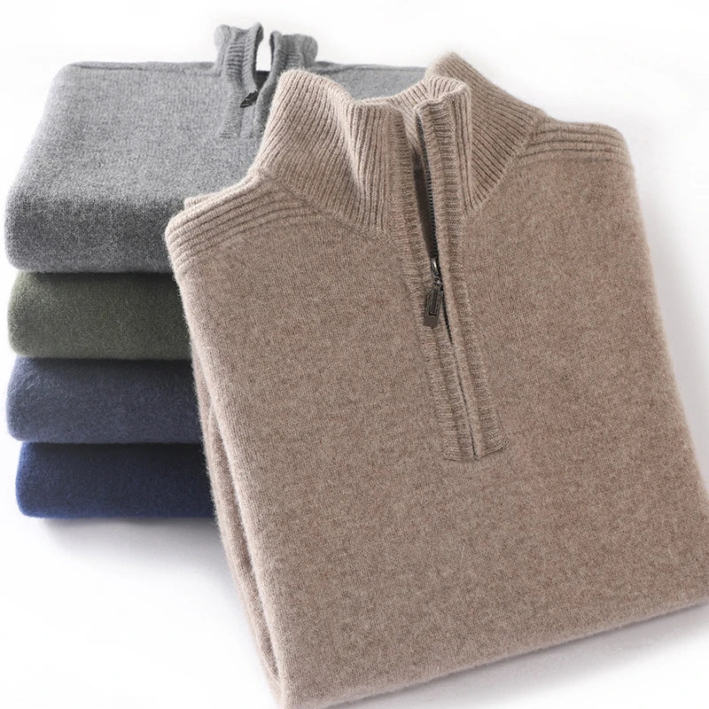 Autumn and Winter New Men's 100% Merino Wool Sweater Casual Knitted Business Half Zip Pullover Thickened Warm Long Sleeve Sweate