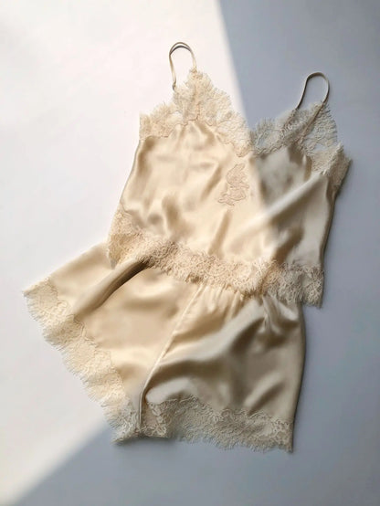 Women 100%Silk Lace Patchwork Set V-Neck Sleeveless Camisole + High Waist Shorts + Straight Long Skirt Sexy Ladies Suits