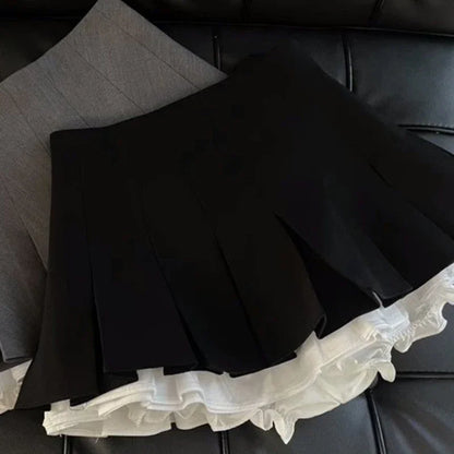 Y2K Ruffles Black Mini Skirt Women Korean Patchwork Pleated Skirts Japanese Kawaii High Waist All Match A Line Skirt New