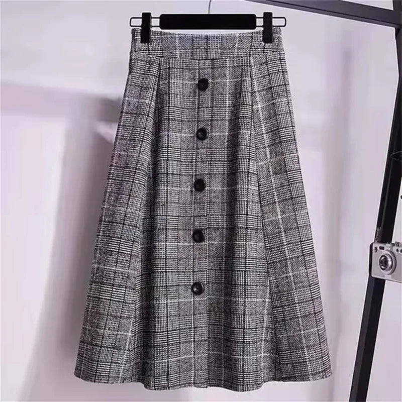 Large Size Women's Autumn Winter Elastic Waist A-line Skirt Woman Skirts Faldas Jupe Korean Retro Plaid Mid-Long Skirts Size 4XL