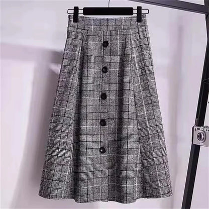 Large Size Women's Autumn Winter Elastic Waist A-line Skirt Woman Skirts Faldas Jupe Korean Retro Plaid Mid-Long Skirts Size 4XL