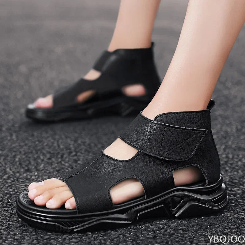 Black Sandals For Men High-Top Platform 2022 Summer Shoes Designer Fashion Breathable Casual Leather Soft Beach Slippers