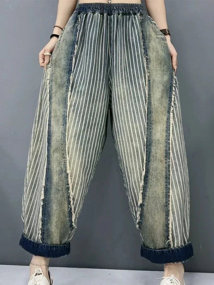 Amax luluE 2024 Summer Females Fashion Denim Pants Women Loose Vintage Striped Design Jeans Ladies Casual Classic Harem Trousers