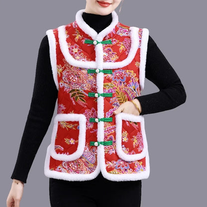 5XL Middle-aged Mother Vest Autumn Winter New Printed Fleece Vest Coat Female Sleeveless Jacket Grandma Thicken Warm Waistcoat