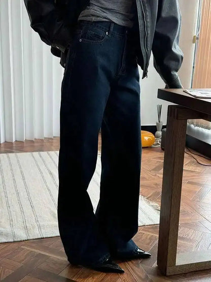[LANMREM] Office Lady Jeans For Women High Waist Straight Dark Blue Fit Denim Pants Fashion Trousers 2025 Autumn New 26C859