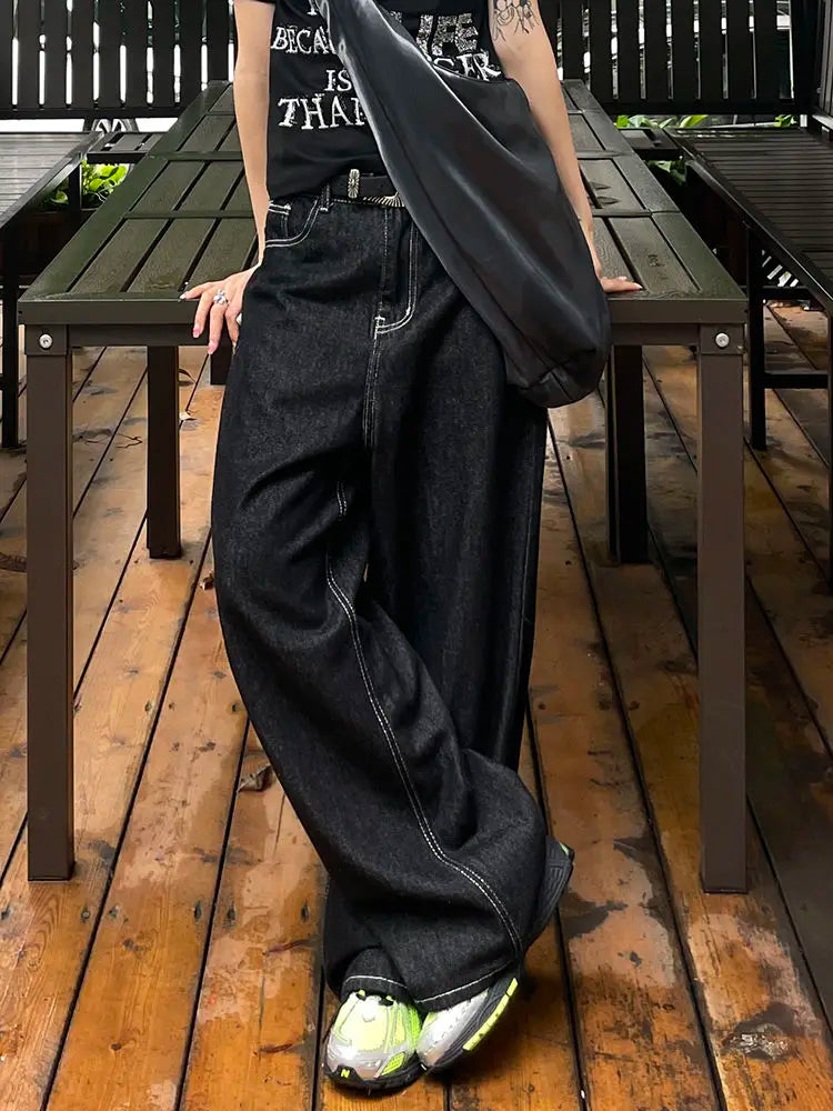 Gidyq Vintage Embroidery Jeans Women Y2K Black Oversized Streetwear Grunge Baggy Denim Trousers Boyfriend Jeans Hip Hop Gothic
