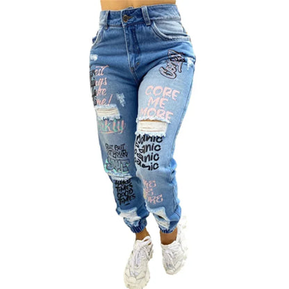 Women Trend Letter Print Pencil Jeans Stretch Drawstring Trousers Slim Denim Pants Female Fashion Casual Broken Holes Streetwear