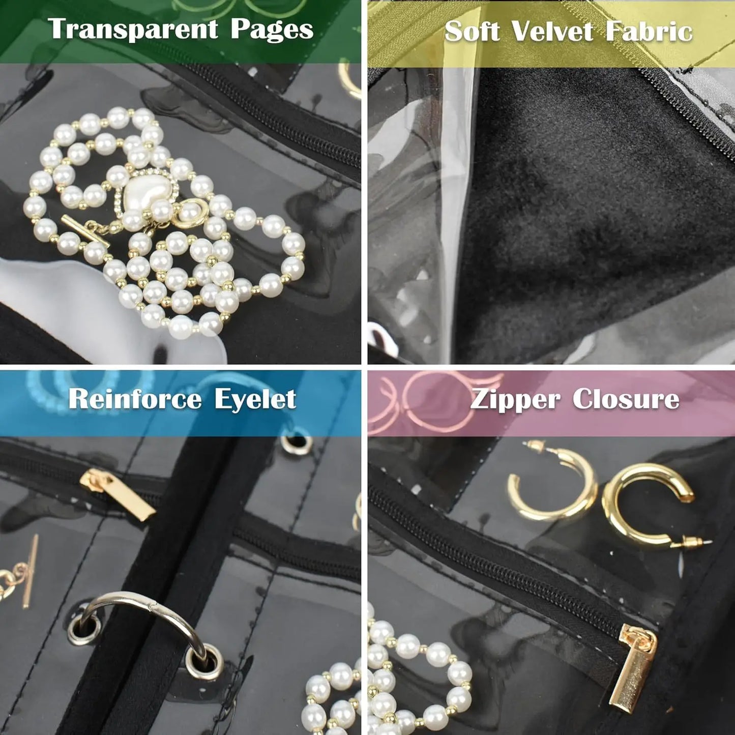Travel Jewelry Organizer Case,Jewelry Bags Jewelry Storage Book Binder with Clear Zipper Velvet Pouch for Traveling,Earrings