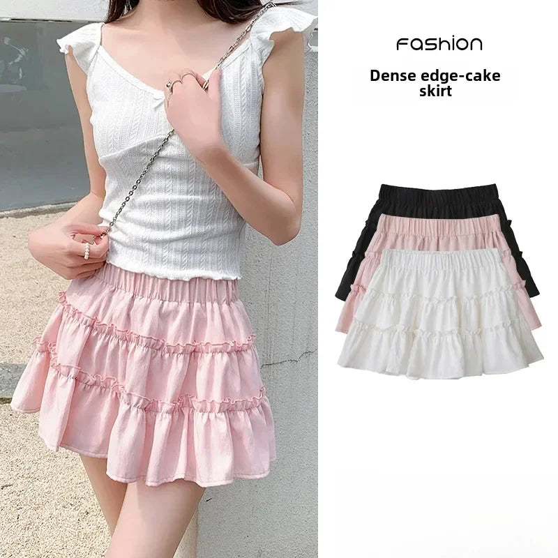 Elegant pink mini dress new summer thin style French ballet design cake skirt lace edge WOMEN'S JK skirt